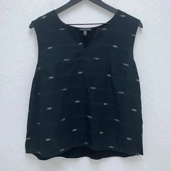 Eileen Fisher Round Split Neck Mixed Media Shell Top Size Large - Picture 2 of 7